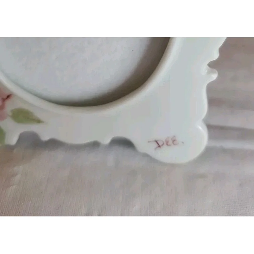 Vintage Porcelain Photo Frame Oval Center Hand‎ Painted Flowers Signed By 